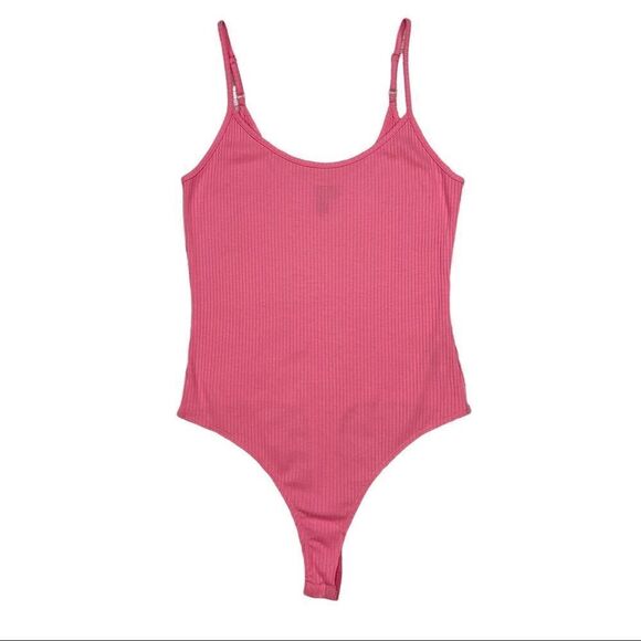 ASOS Peach Pink Ribbed Spaghetti Strap Thong Bodysuit Size 8 - Picture 1 of 7